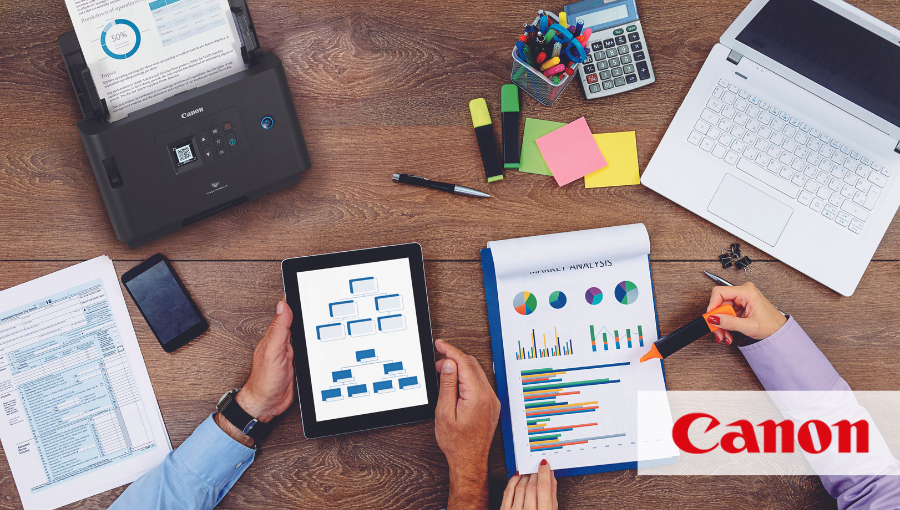 Office supplies spread on a table